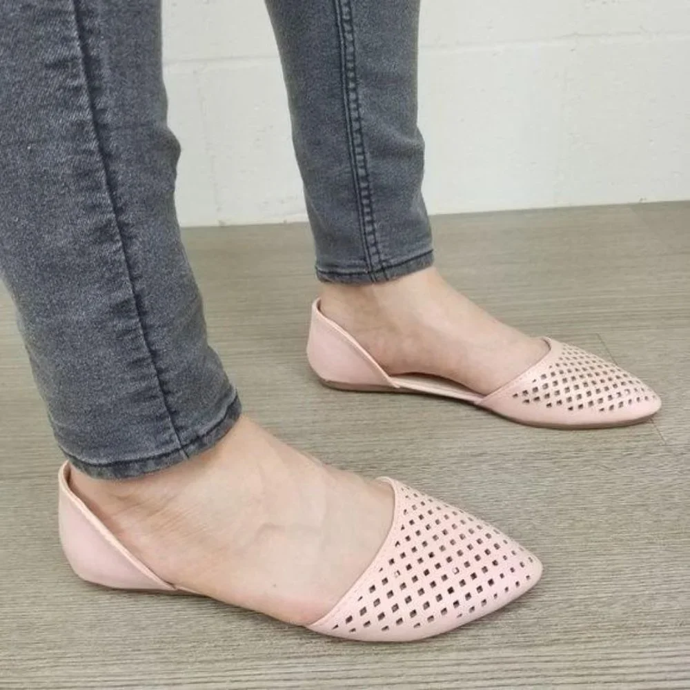 Pointed Toe Perforated Faux Leather Pink Flats - Picture 7 of 8